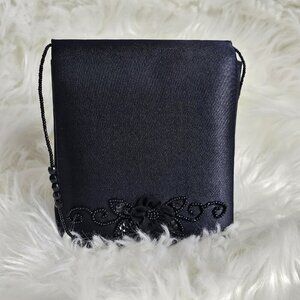 Jessica Mcclintock Black Satin Beaded Vintage Cocktail Shoulder Bag